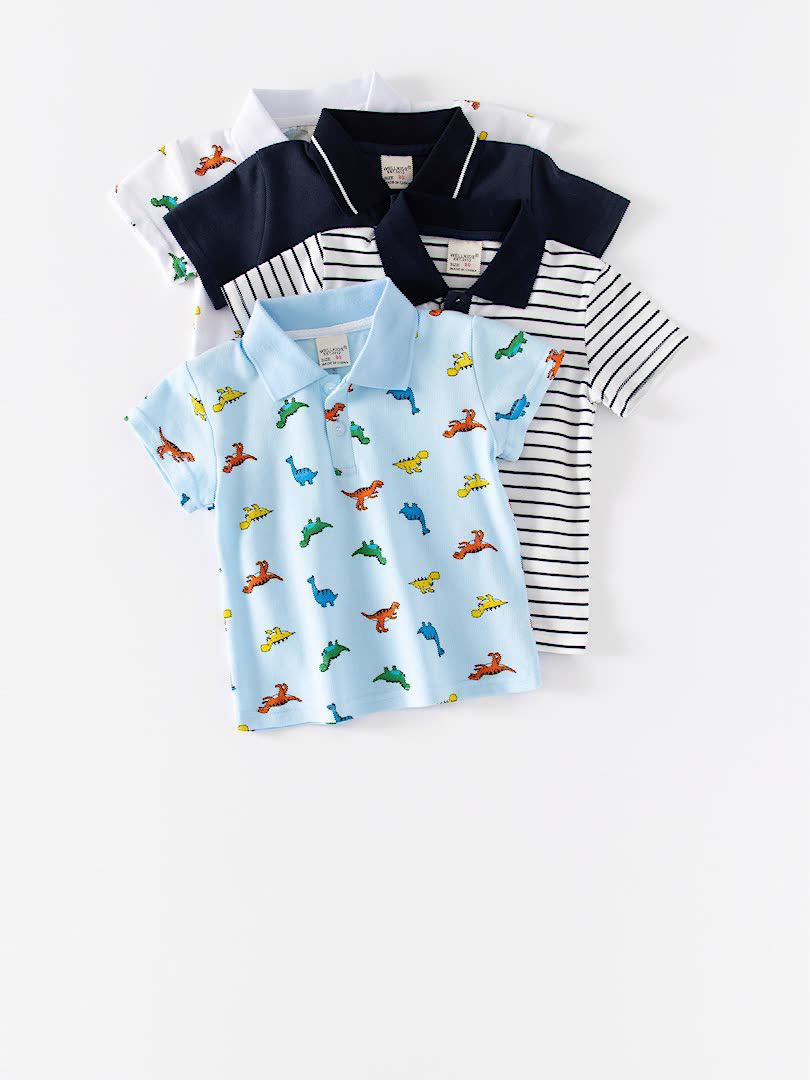 WELLKIDS - 純棉休閒翻領短袖襯衫-繽紛小暴龍-藍色