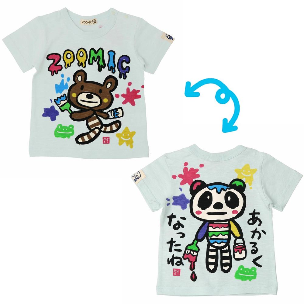 日本 ZOOLAND - 和風印花純棉短袖上衣-熊貓塗鴉-薄荷