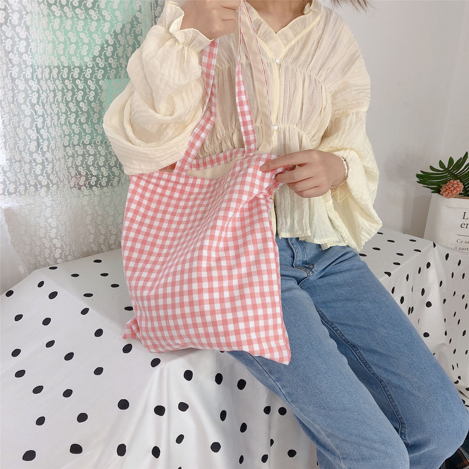 休閒格子單肩手提帆布袋-粉紅色 (37*35cm)