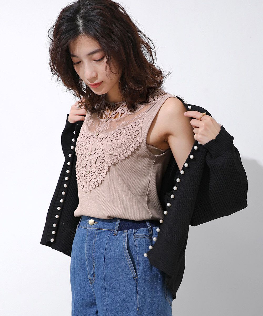 日本 Bab - 蕾絲拼接無袖上衣/大內搭背心-白