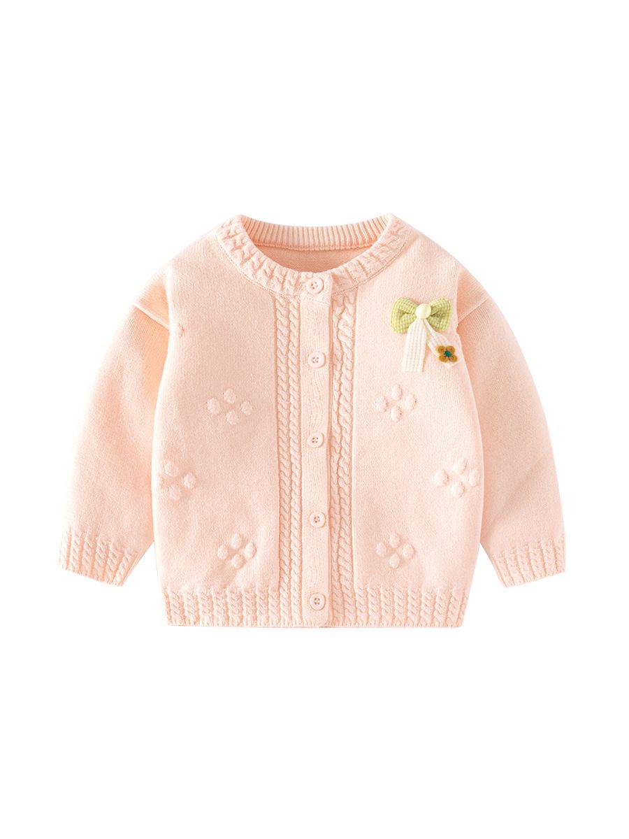 舒適圓領提花針織外套-蝴蝶結-粉橘色