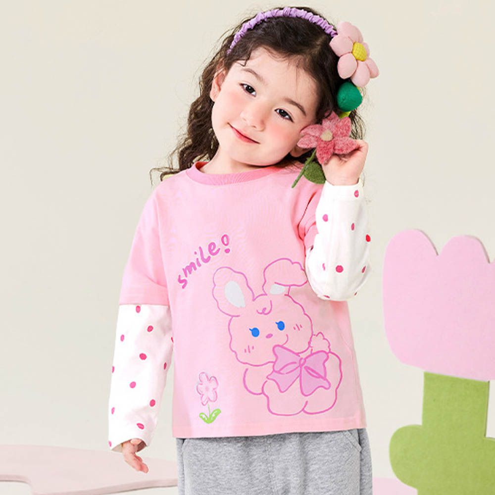 純棉圓領假兩件長袖上衣-微笑兔兔-粉色