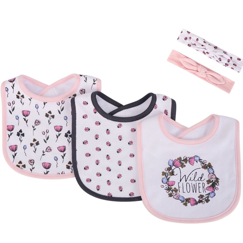 美國 Luvable Friends - 甜蜜寶貝嬰幼兒吸水口水巾圍兜與髮帶組-粉色花圈
