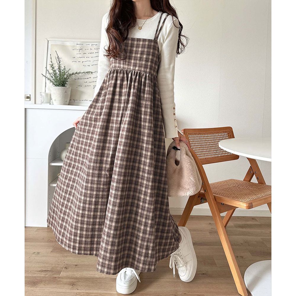 學院風格紋甜美雙吊帶洋裝-咖啡