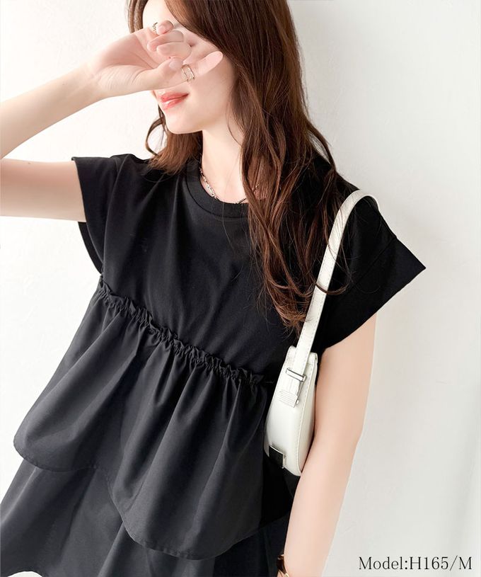 日本 Classical Elf - 浪漫不對稱拼接荷葉短袖上衣-炭灰