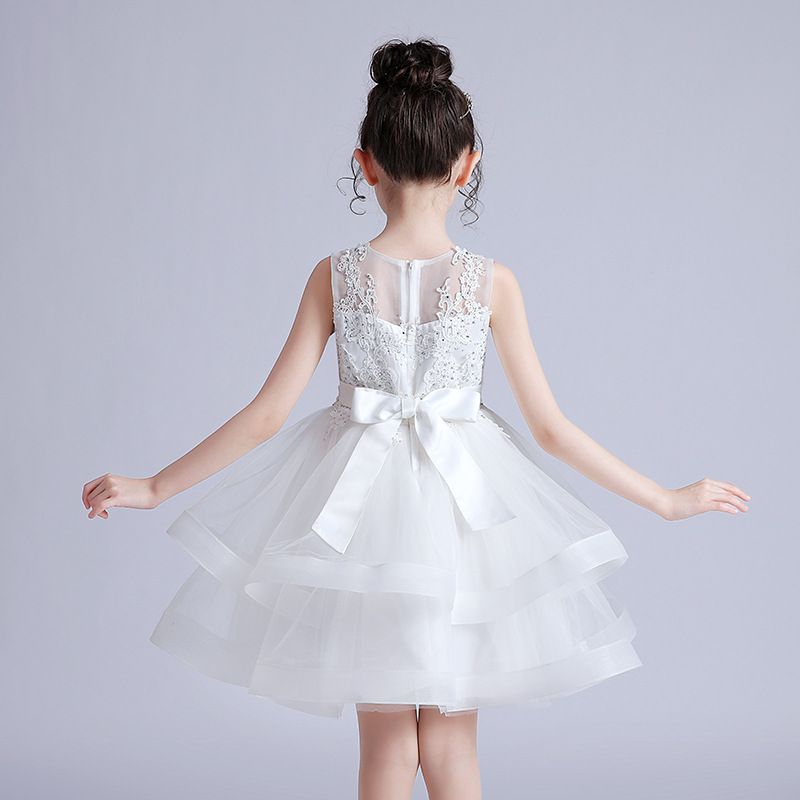 蕾絲網紗無袖澎澎紗裙-亮片小花-白色