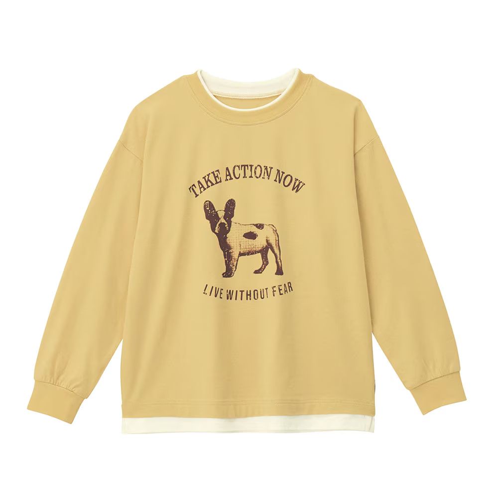 GITA 100%棉層次印花長袖上衣-狗狗-芥黃