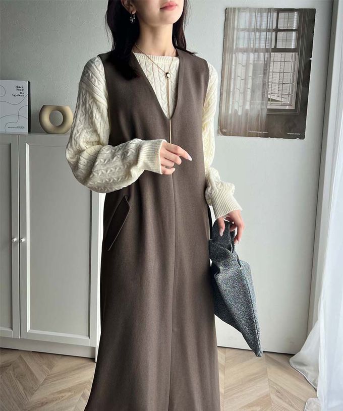 日本 Classical Elf - 簡約深V領氣質線條背心裙-炭灰