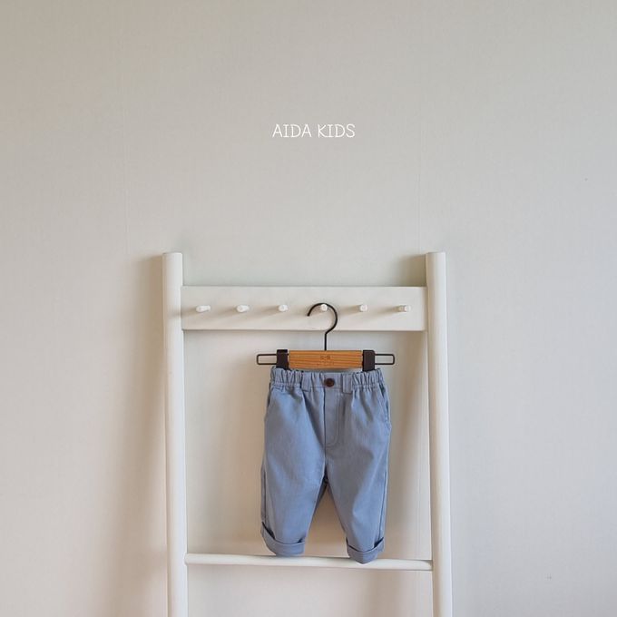 韓國 AIDA - 鬆緊腰純色直筒長褲-天藍