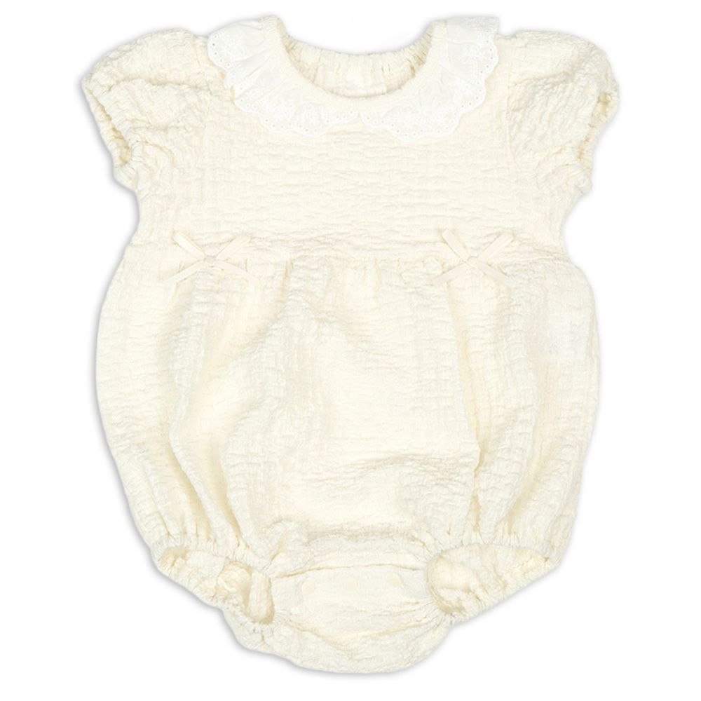 短袖包屁衣-蕾絲領-米白色