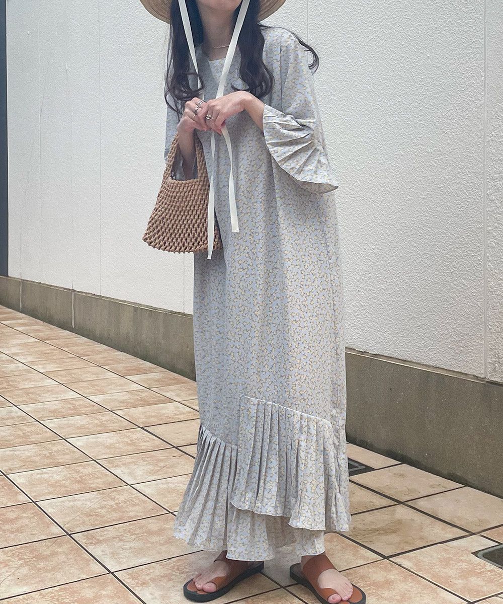 日本 Bab - 圓領碎花糖果袖洋裝-奶油白