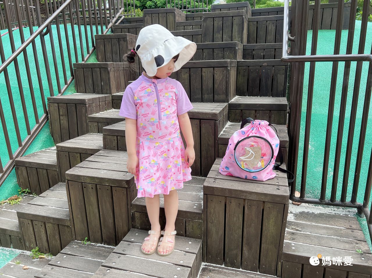 圓領五分袖連身泳裝-小天使-紫色