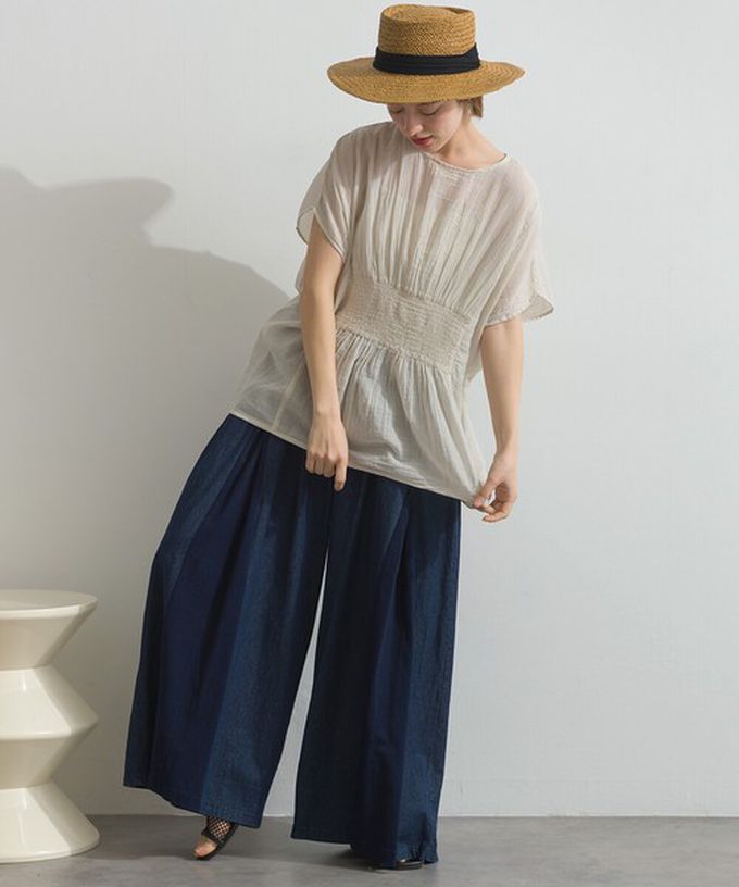 日本 Lupilien - 印度棉 人字紋清爽飄逸瘦腰短袖上衣-象牙白