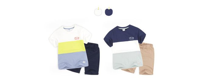 韓國 AndiApple - 文字印色塊拼接短袖套裝-深藍X白X灰綠