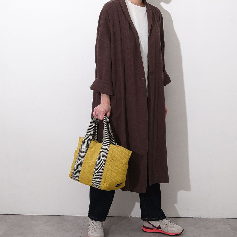 日本 COOCO - 棉麻條紋拼接手提包-黃 (27.5x24x16cm)