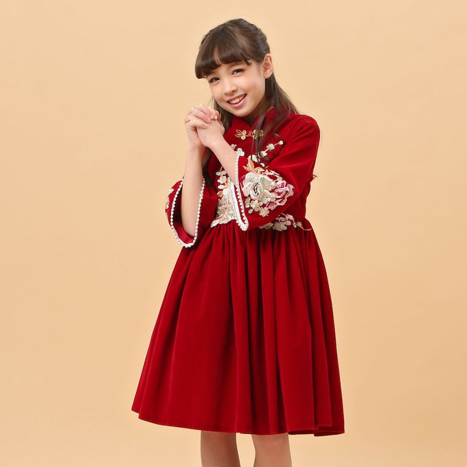 love, charlotte - 氣質中式繡花旗袍領絨面拜年洋裝禮服