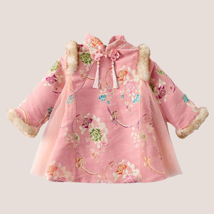 新年拜年甜美古風旗袍領鋪棉網紗點綴洋裝 新年拜年女童洋裝