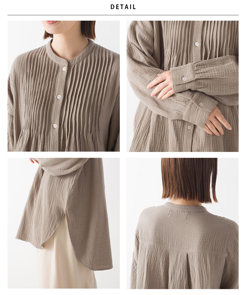 日本 OMNES - 質感二重紗風琴褶長袖上衣-綠格紋