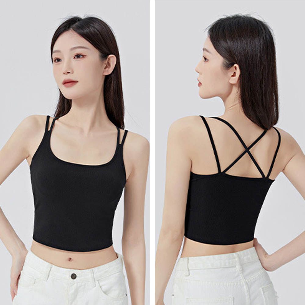 雙肩帶交叉美背BRA TOP/附罩杯上衣-黑色