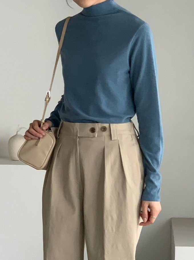 韓國女裝連線 - 百搭中領混羊毛長袖上衣-霧藍 (FREE)