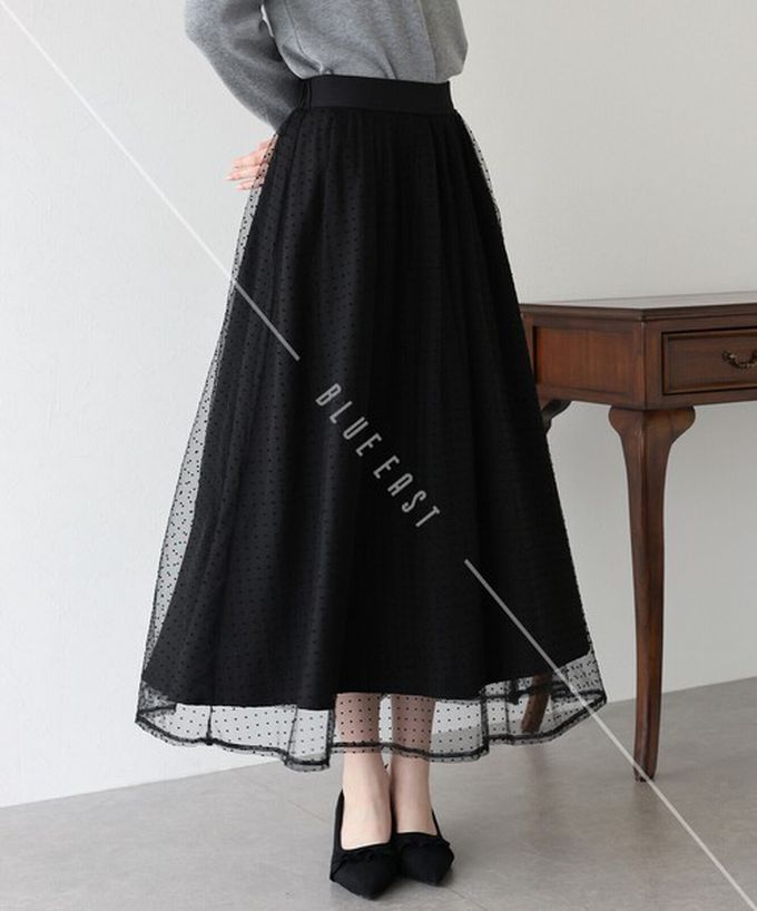 日本 BLUE EAST - 華麗雙層薄紗魅力長裙(可選長度)-水玉-灰