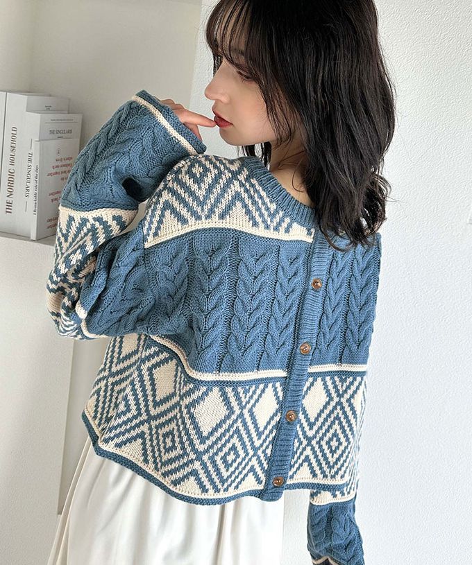 日本 Classical Elf - mily bilet 復古風北歐圖騰2way針織毛衣-海軍藍