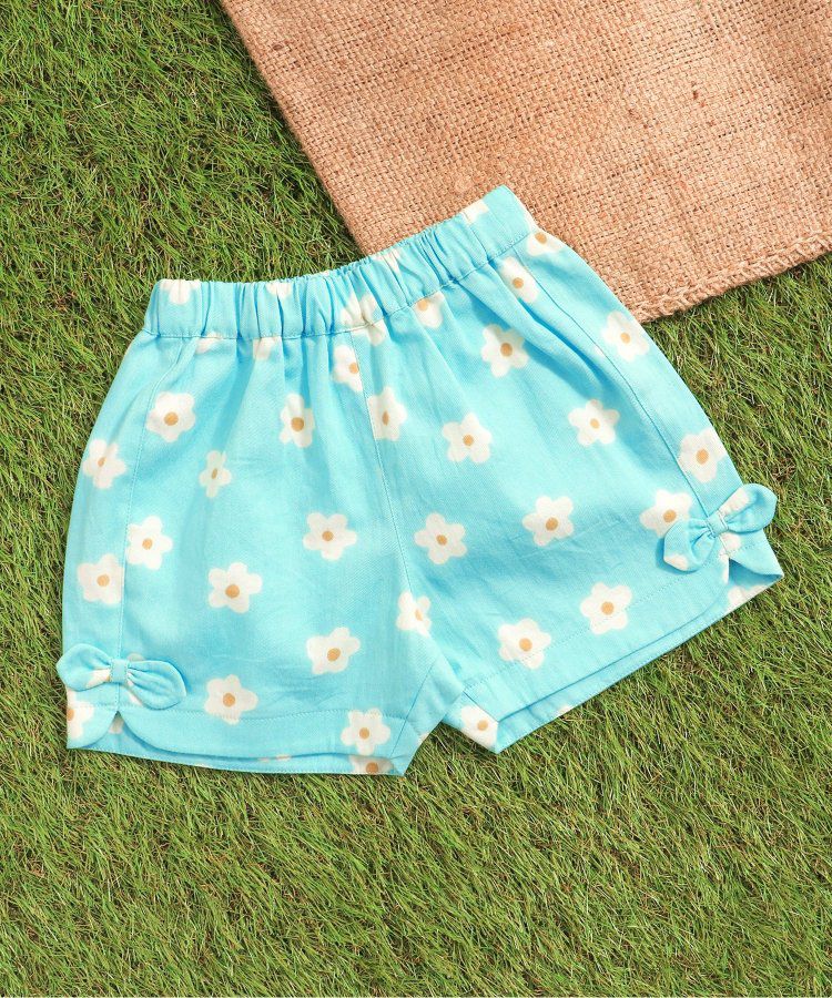 日本 apres les cours - 滿版印花夏天短褲(4分丈)-小花-水藍