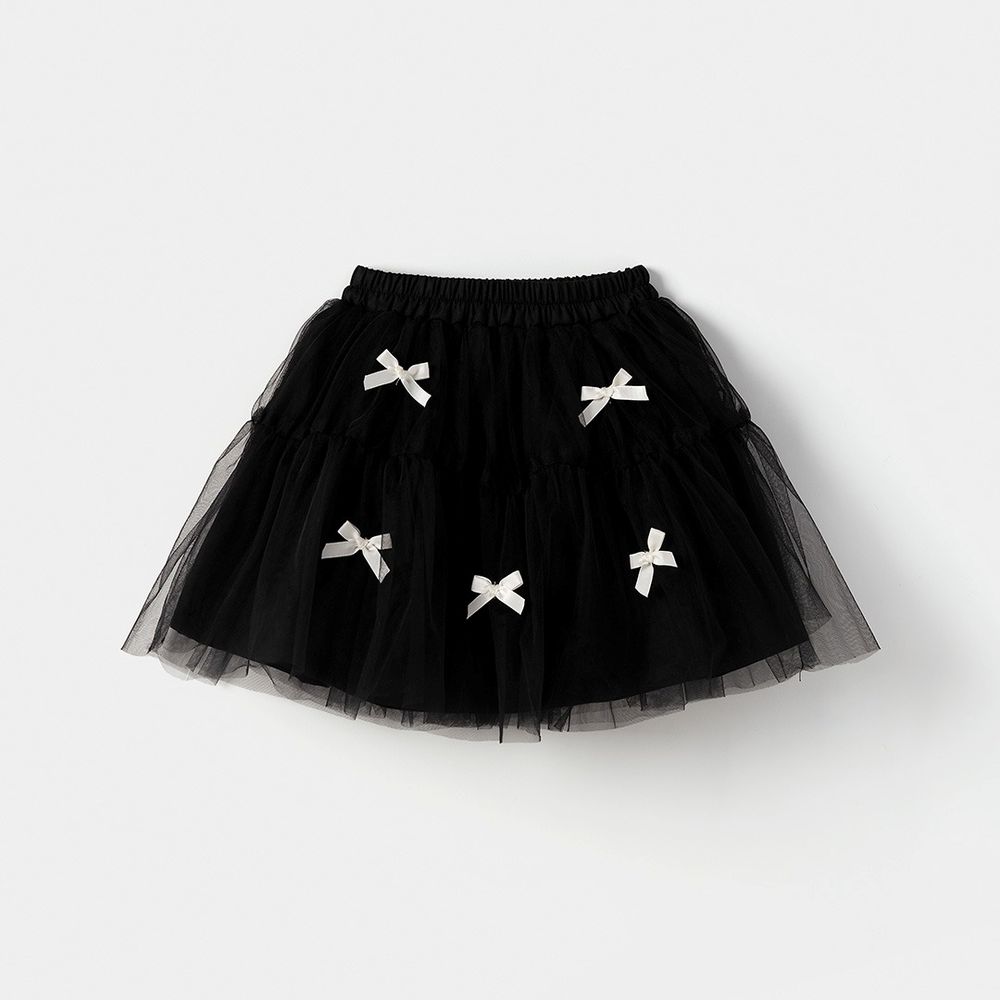 鬆緊腰蝴蝶結裝飾層次網紗蓬裙-黑