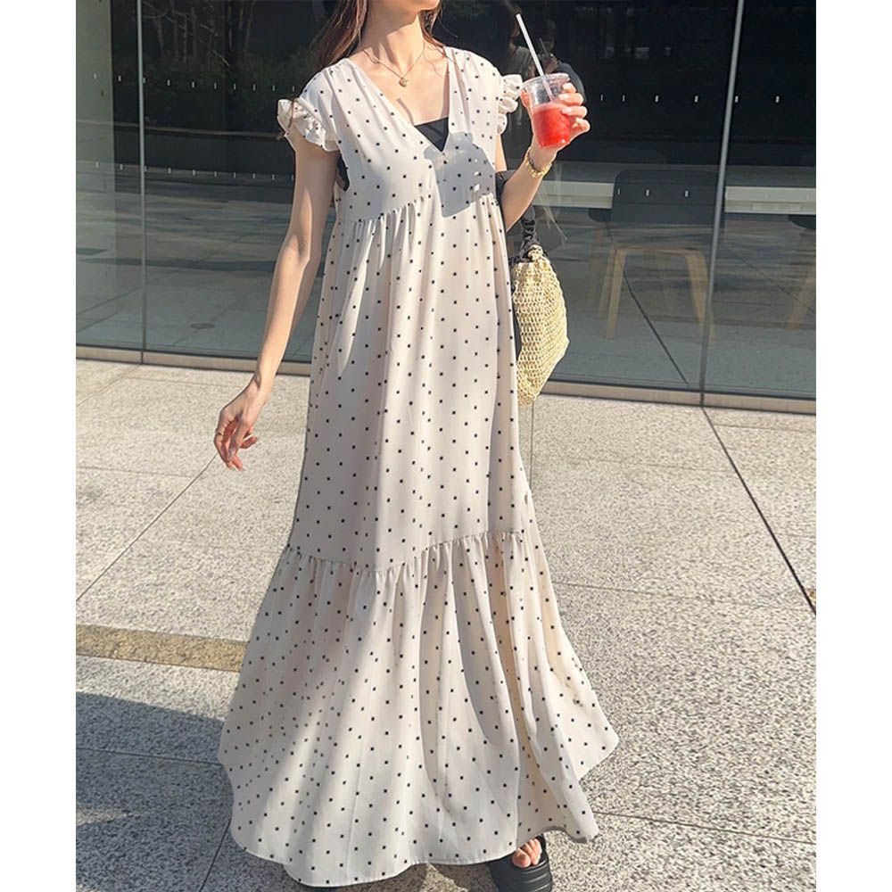 可愛波點V領小荷葉短袖洋裝-白 (F)