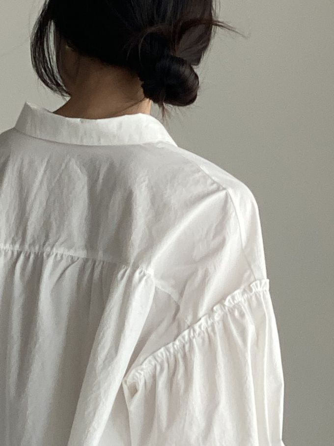 韓國女裝連線 - 極簡拼接翻領長袖襯衫-象牙白 (FREE)