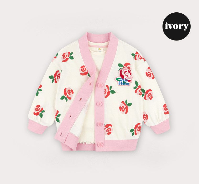 韓國 HEJMINI - 玫瑰花鈕扣開衫外套-象牙色