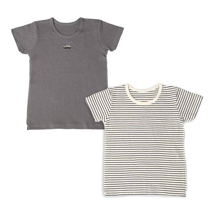 akachan honpo - 短袖圓領上衣2件組蓬鬆棉-警車&橫紋-灰色