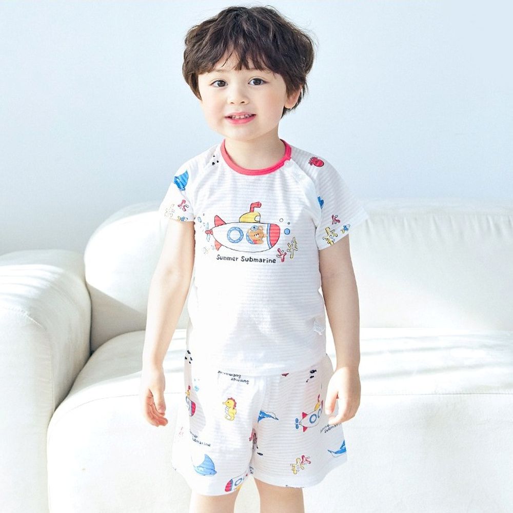 透氣條紋提花棉短袖家居服-熊熊淺水艇-白