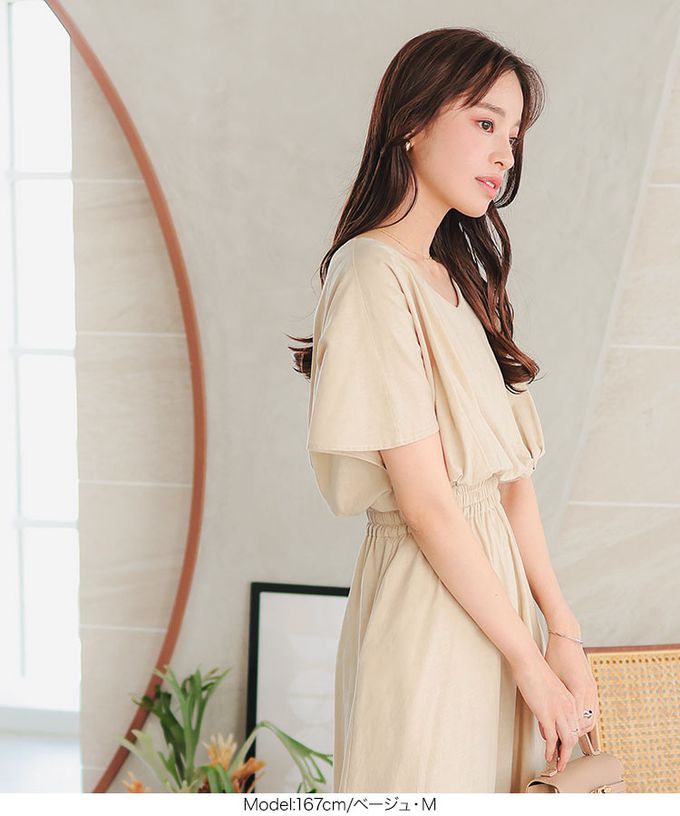 日本 Kobe Lettuce - 亞麻度假感V領修身束腰洋裝-淺卡其 (M)