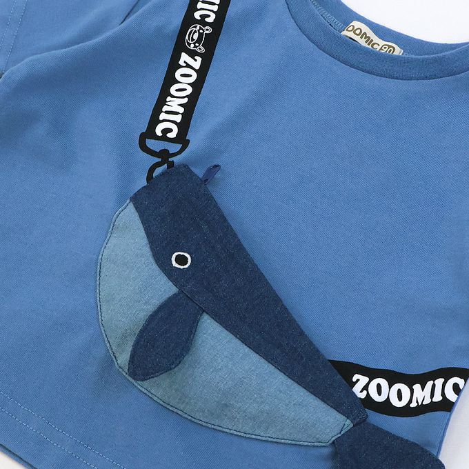 日本 ZOOLAND - 海洋印花短袖上衣-鯨魚口袋-海藍