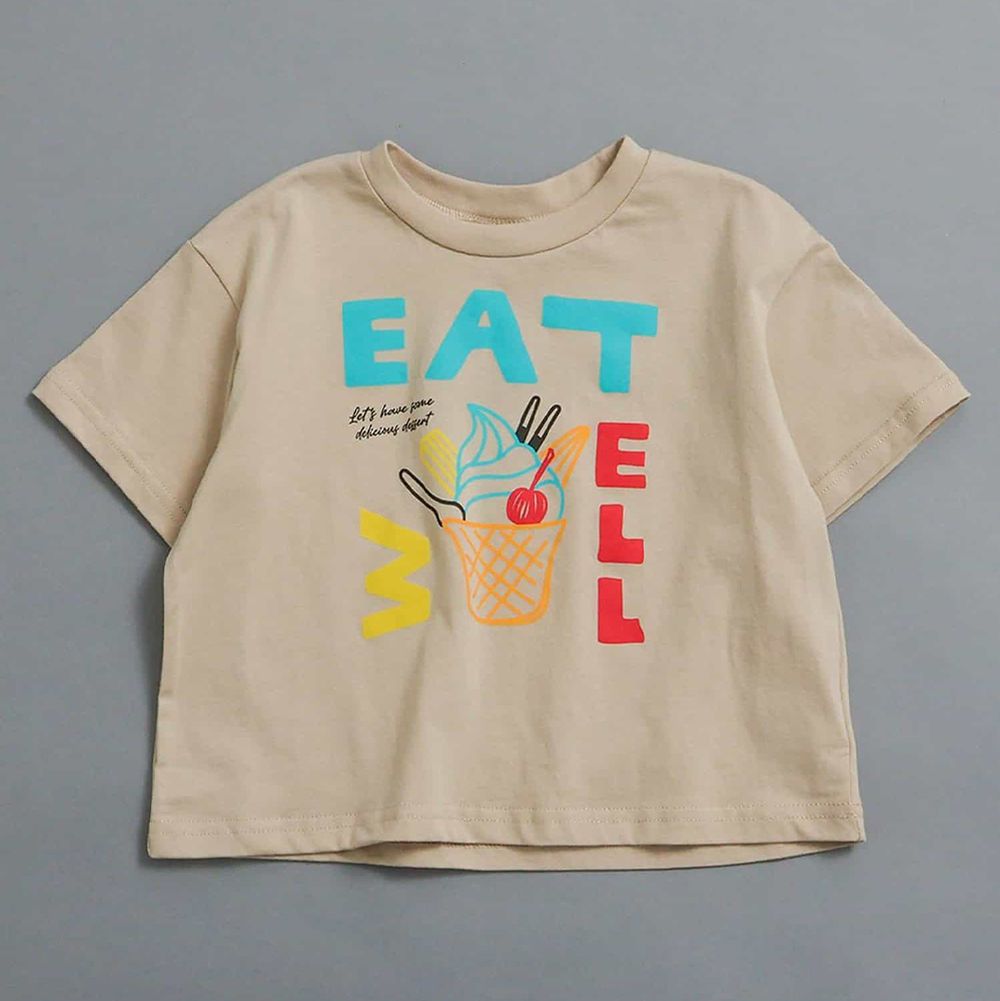 100%棉 美式印花短袖上衣-開心吃冰-卡其米