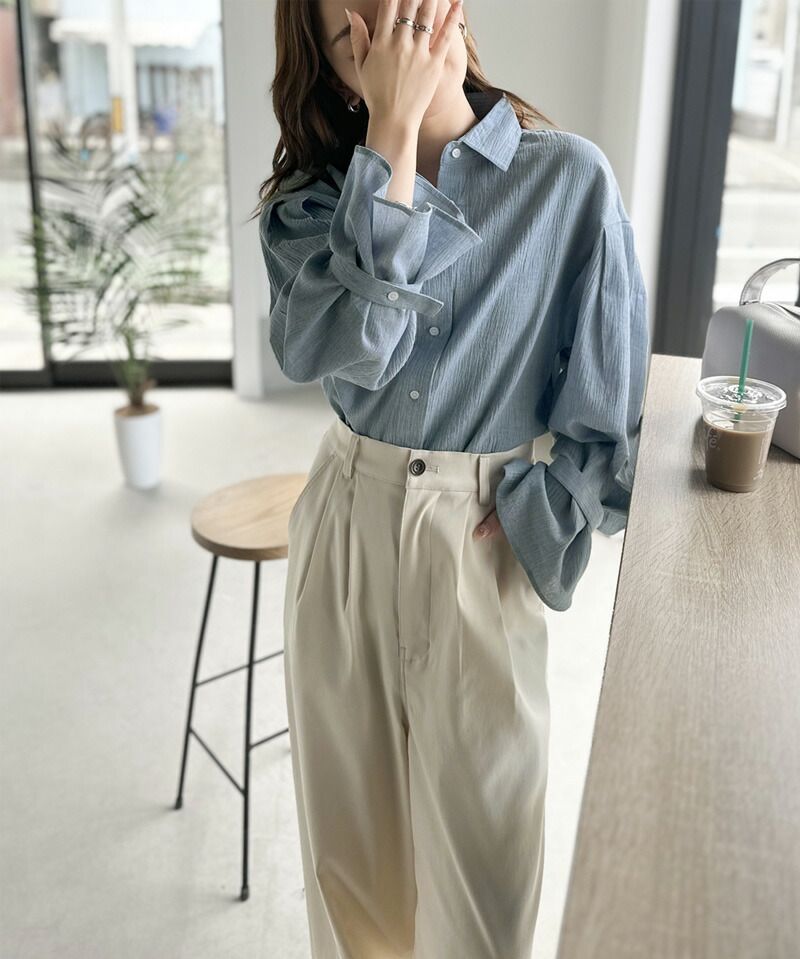 日本 Classical Elf - 氣質微透膚落肩寬袖襯衫-米白