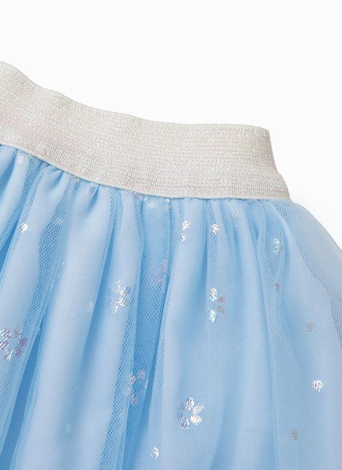 韓國 OZKIZ - (附髮箍)鬆緊腰雪花亮片網紗裙-天空藍
