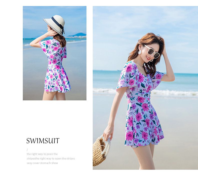 日系小碎花修身顯瘦遮肉連身裙泳衣-滿版花花-黃色