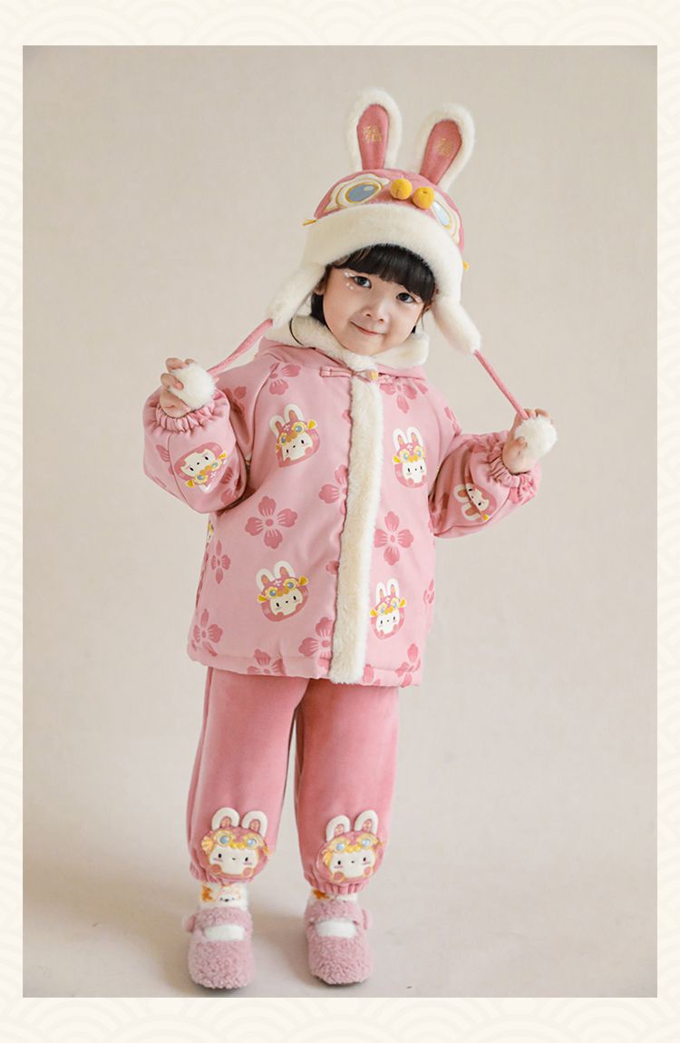 TONGMO - 加絨腰鬆緊休閒拜年長褲-兔子-米色