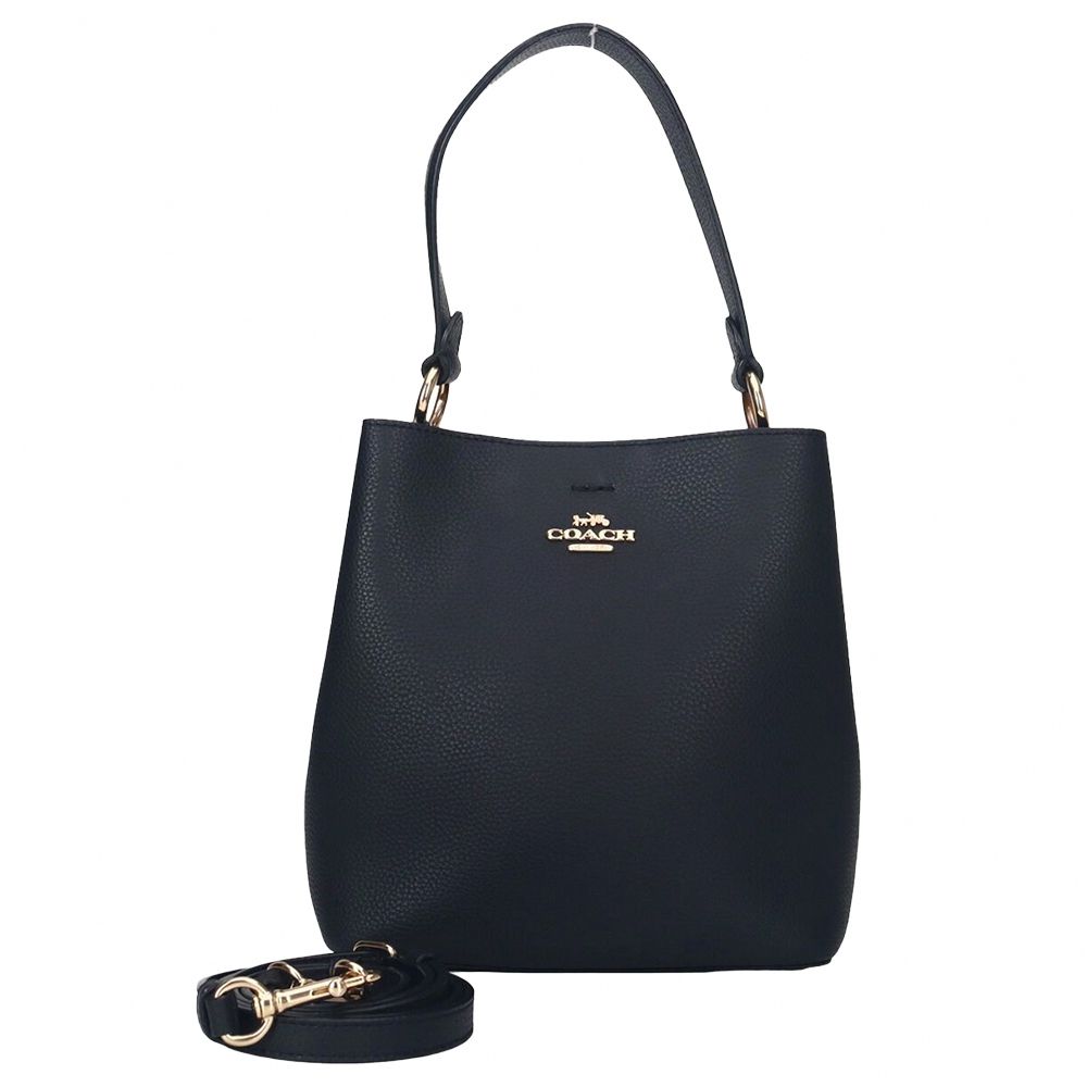 素面皮革肩斜兩用水桶包 (黑)