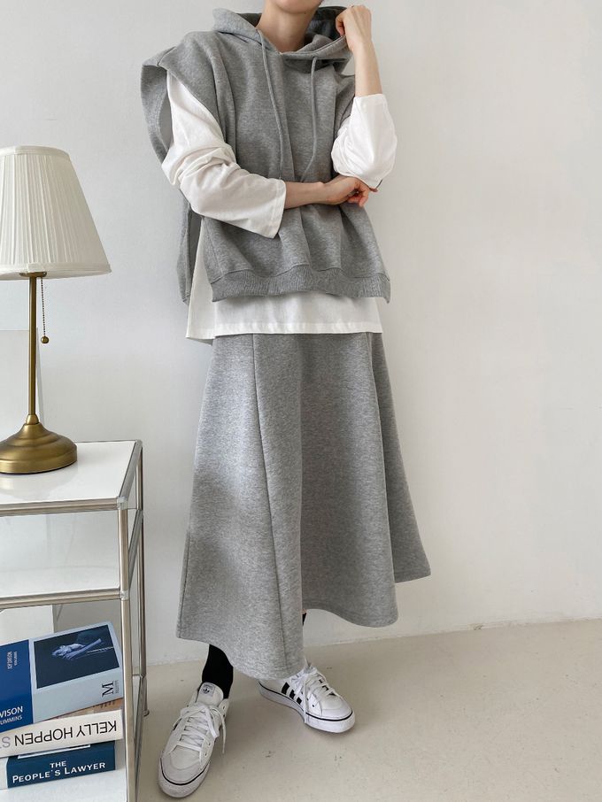 韓國女裝連線 - 休閒風連帽背心長裙套裝-黑 (FREE)