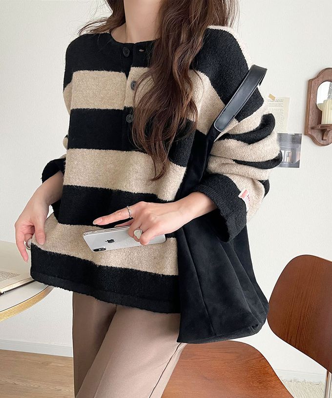 日本 Classical Elf - Java 率性亨利領寬鬆厚針織上衣-黑x灰