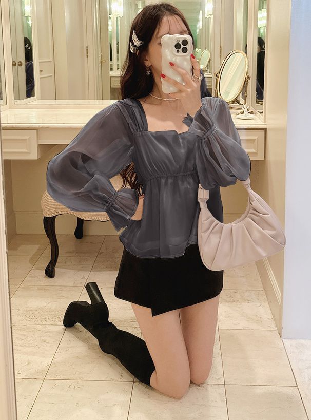 日本 GRL - 優美方領薄紗拼接收腰上衣-米杏 (F)