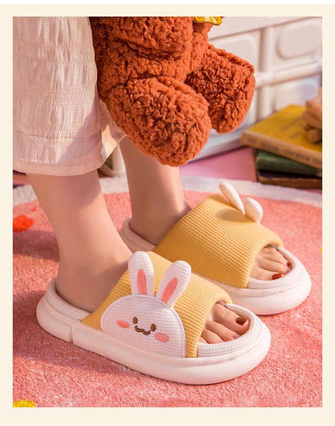 厚底海綿感亞麻室內拖鞋-熊熊-藍色