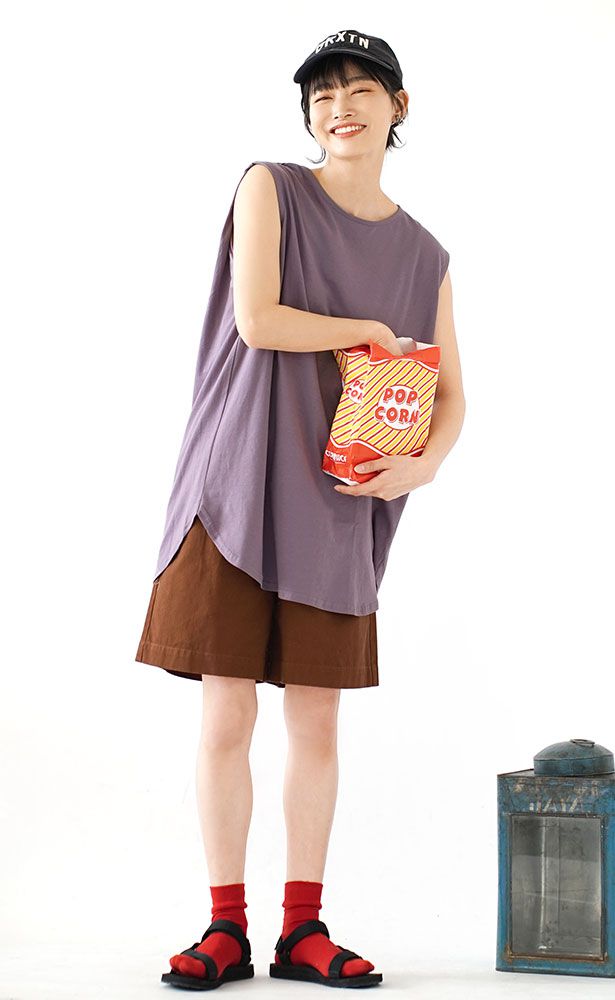 日本 zootie - 100%棉  修身長版無袖上衣-淺灰棕