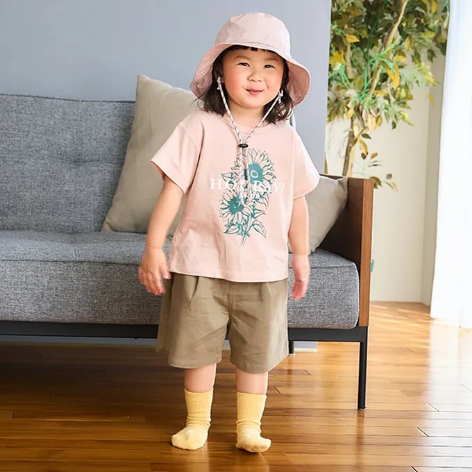 日本 petit main - 100%棉 清新印花短袖上衣-向日葵-鮭魚粉