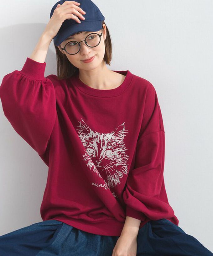 日本 Lupilien - 線條貓咪印花裏毛長袖上衣-黑