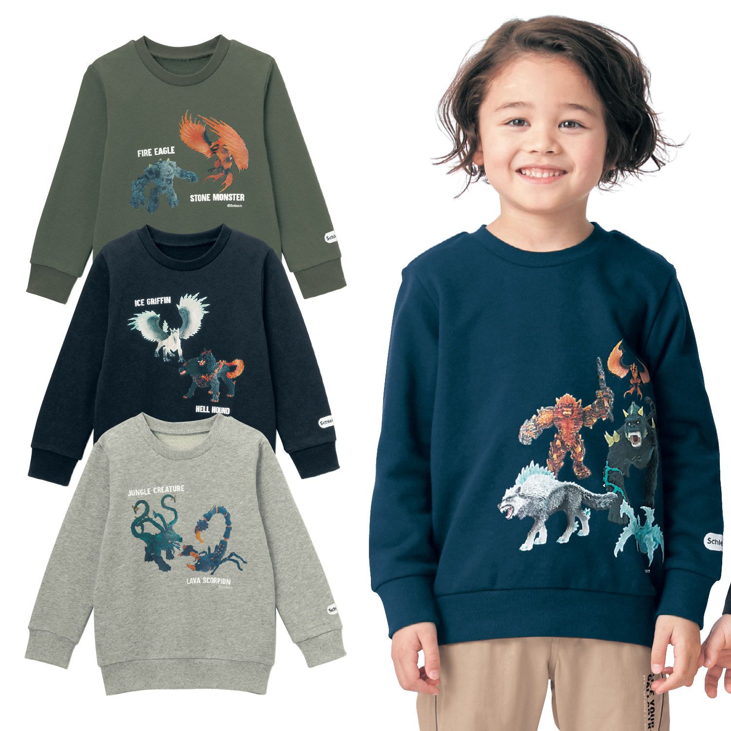 日本千趣會 - Schleich系列 圓領印花刷毛長袖上衣-魔獸大集合-深藍