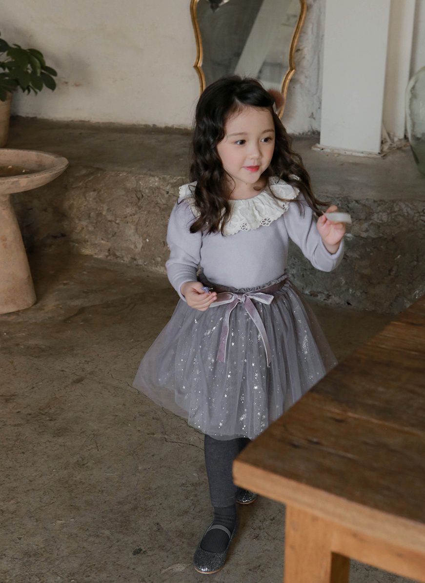 韓國 Puellaflo - (裏起毛)抓皺花瓣蕾絲領公主袖上衣-紫